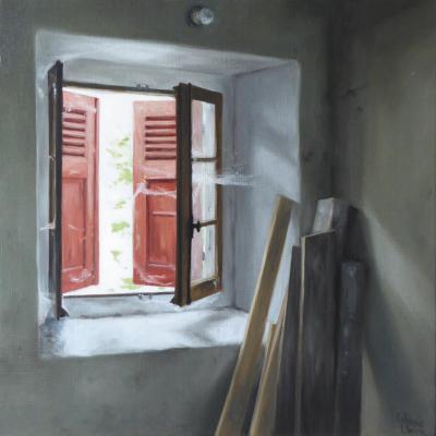 La vieille école (volets rouges) 40 x 40 (vendu)