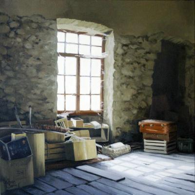 Grenier de la filature - La valise rouge - 40 x 40 cm (vendu)